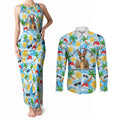 Aussie Christmas In Summer Couples Matching Tank Maxi Dress and Long Sleeve Button Shirt Surfing Santa And Kangaroo - Tropical Cartoon Beach