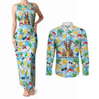 Aussie Christmas In Summer Couples Matching Tank Maxi Dress and Long Sleeve Button Shirt Surfing Santa And Kangaroo - Tropical Cartoon Beach