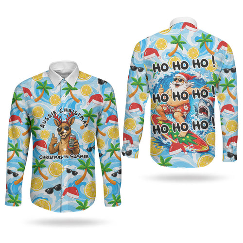 Aussie Christmas In Summer Couples Matching Tank Maxi Dress and Long Sleeve Button Shirt Surfing Santa And Kangaroo - Tropical Cartoon Beach