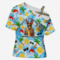 Aussie Christmas In Summer Cross Shoulder Shirt Surfing Santa And Kangaroo - Tropical Cartoon Beach