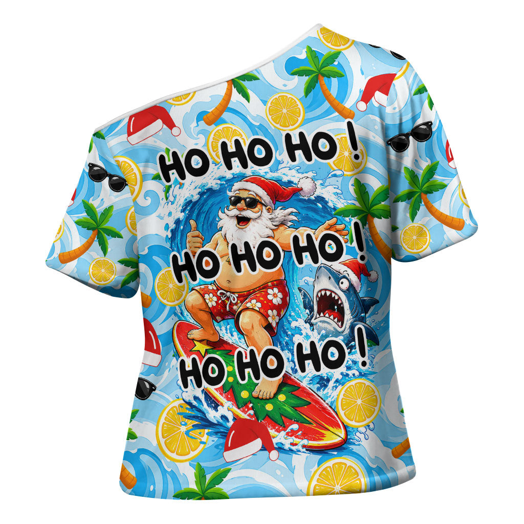 Aussie Christmas In Summer Cross Shoulder Shirt Surfing Santa And Kangaroo - Tropical Cartoon Beach