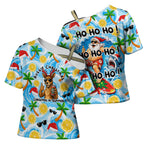 Aussie Christmas In Summer Cross Shoulder Shirt Surfing Santa And Kangaroo - Tropical Cartoon Beach
