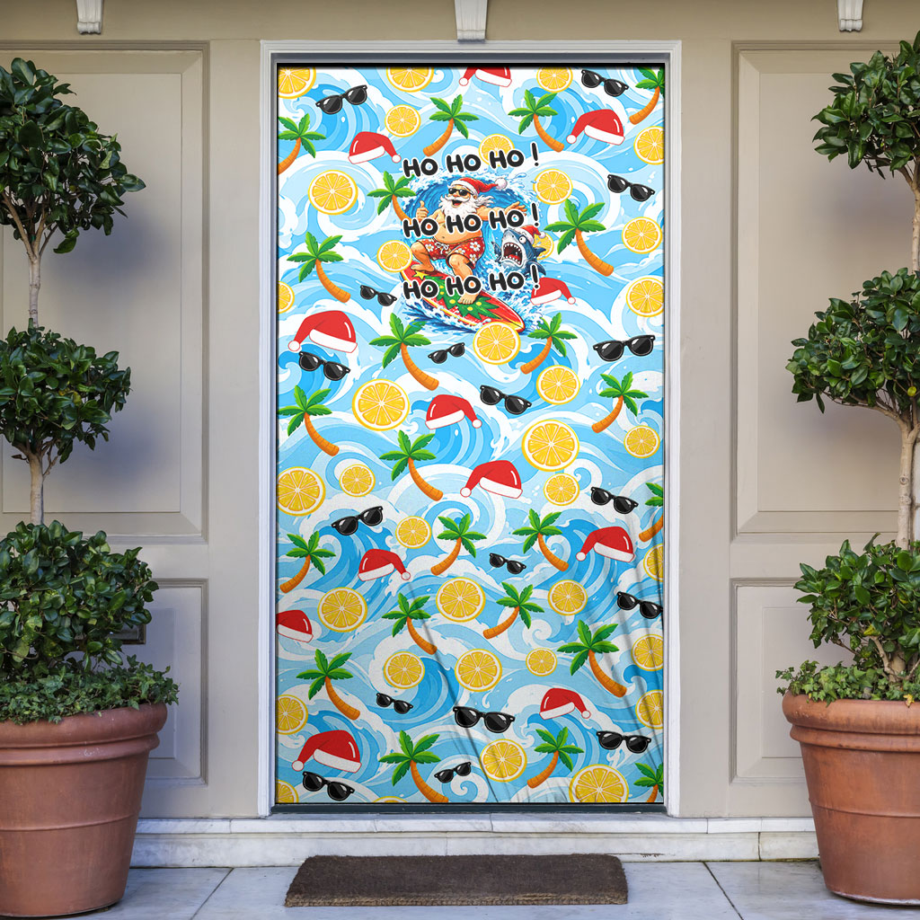 Aussie Christmas In Summer Door Cover Surfing Santa And Kangaroo - Tropical Cartoon Beach