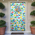 Aussie Christmas In Summer Door Cover Surfing Santa And Kangaroo - Tropical Cartoon Beach