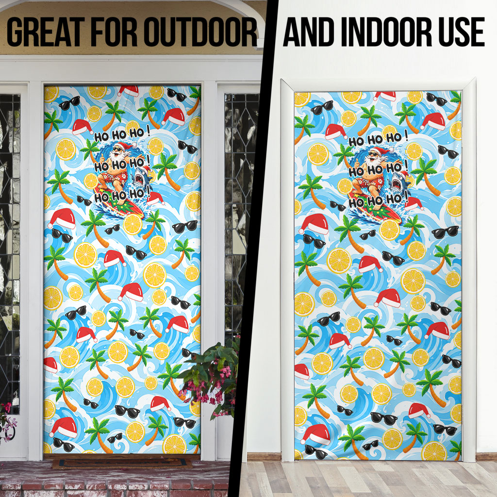 Aussie Christmas In Summer Door Cover Surfing Santa And Kangaroo - Tropical Cartoon Beach