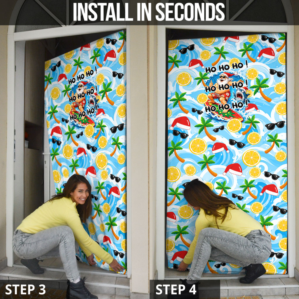 Aussie Christmas In Summer Door Cover Surfing Santa And Kangaroo - Tropical Cartoon Beach