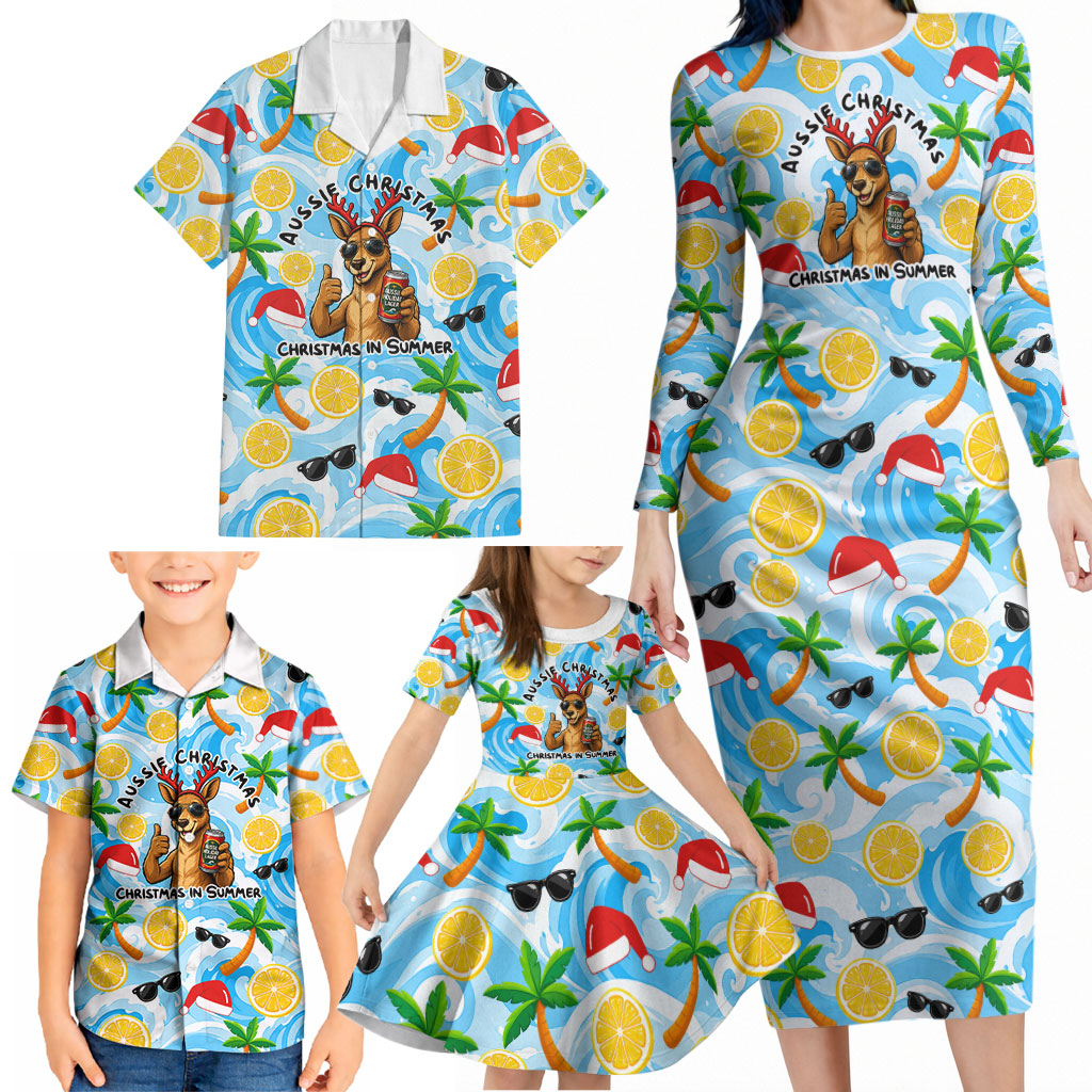 Aussie Christmas In Summer Family Matching Long Sleeve Bodycon Dress and Hawaiian Shirt Surfing Santa And Kangaroo - Tropical Cartoon Beach