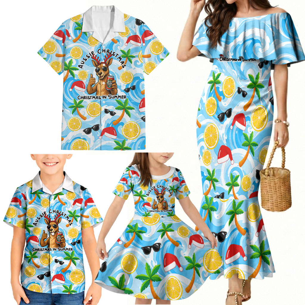 Aussie Christmas In Summer Family Matching Mermaid Dress and Hawaiian Shirt Surfing Santa And Kangaroo - Tropical Cartoon Beach