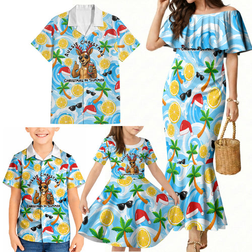 Aussie Christmas In Summer Family Matching Mermaid Dress and Hawaiian Shirt Surfing Santa And Kangaroo - Tropical Cartoon Beach