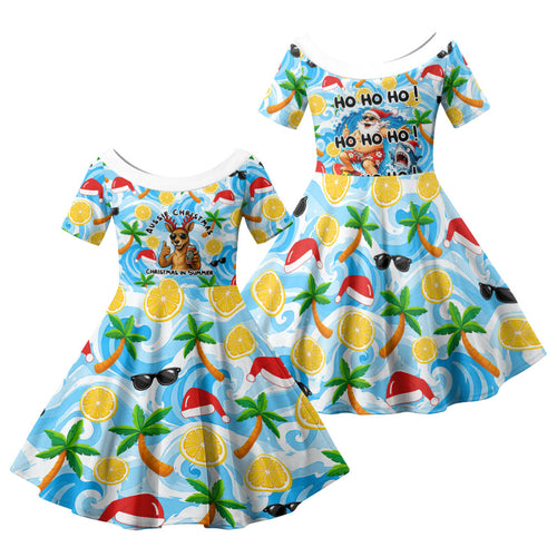 Aussie Christmas In Summer Family Matching Mermaid Dress and Hawaiian Shirt Surfing Santa And Kangaroo - Tropical Cartoon Beach