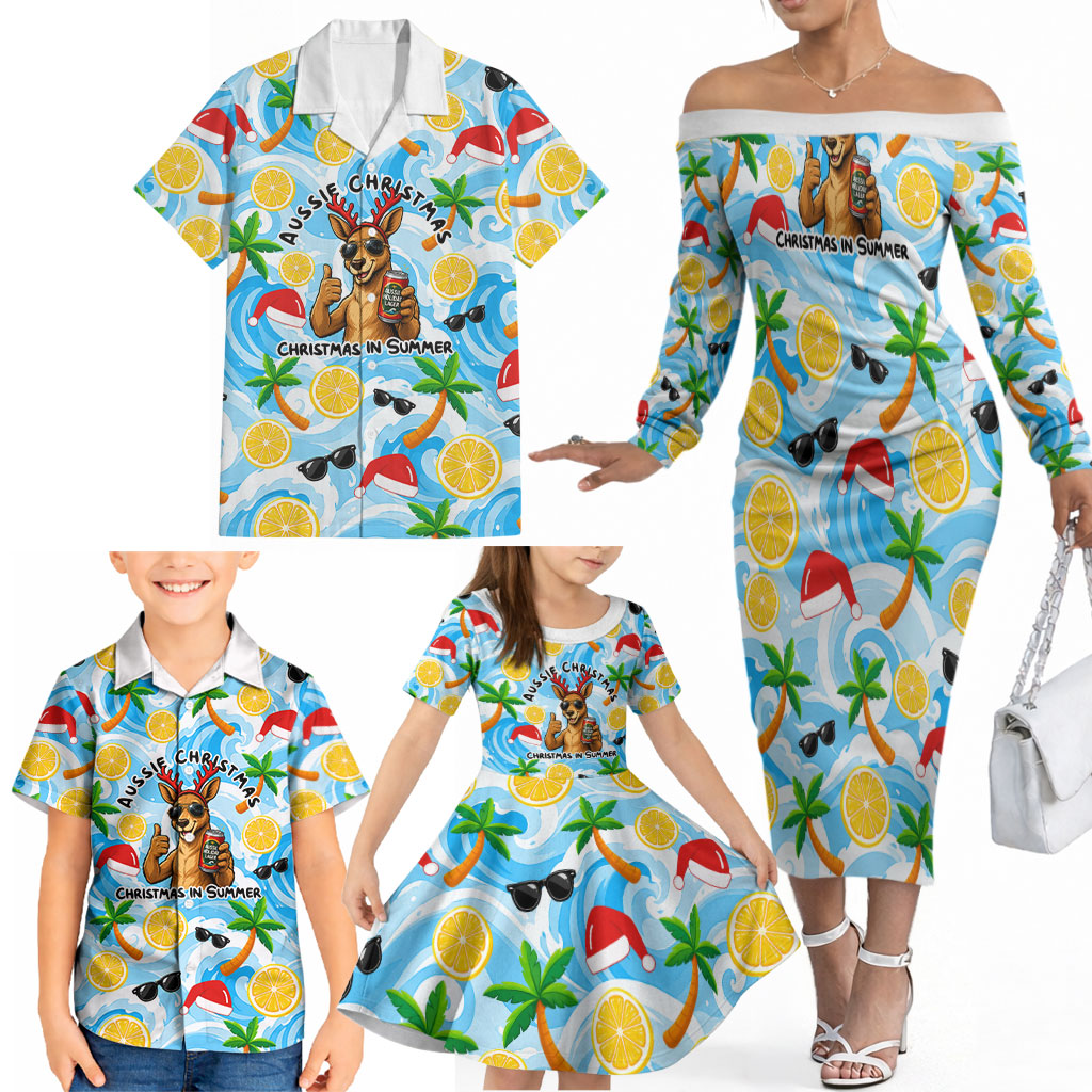Aussie Christmas In Summer Family Matching Off The Shoulder Long Sleeve Dress and Hawaiian Shirt Surfing Santa And Kangaroo - Tropical Cartoon Beach