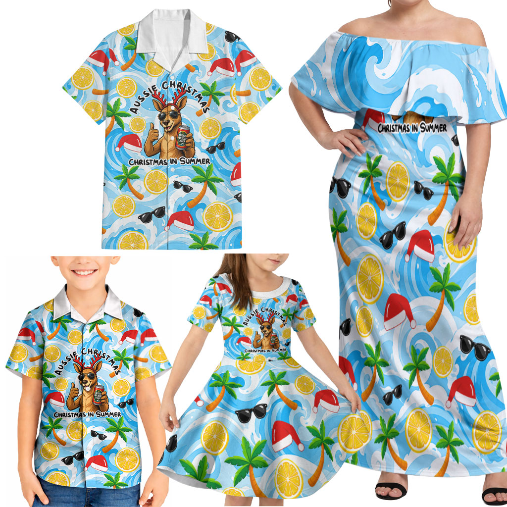 Aussie Christmas In Summer Family Matching Off Shoulder Maxi Dress and Hawaiian Shirt Surfing Santa And Kangaroo - Tropical Cartoon Beach