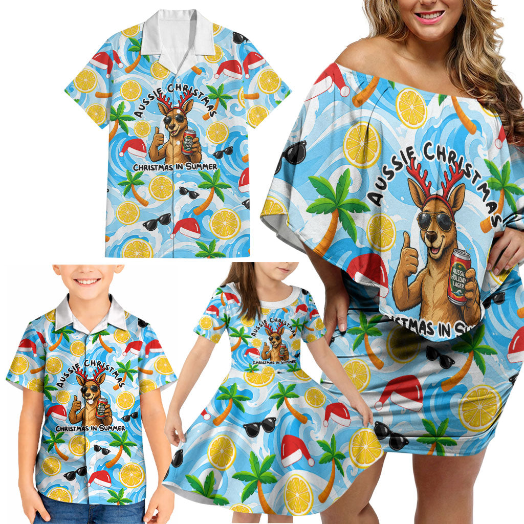 Aussie Christmas In Summer Family Matching Off Shoulder Short Dress and Hawaiian Shirt Surfing Santa And Kangaroo - Tropical Cartoon Beach