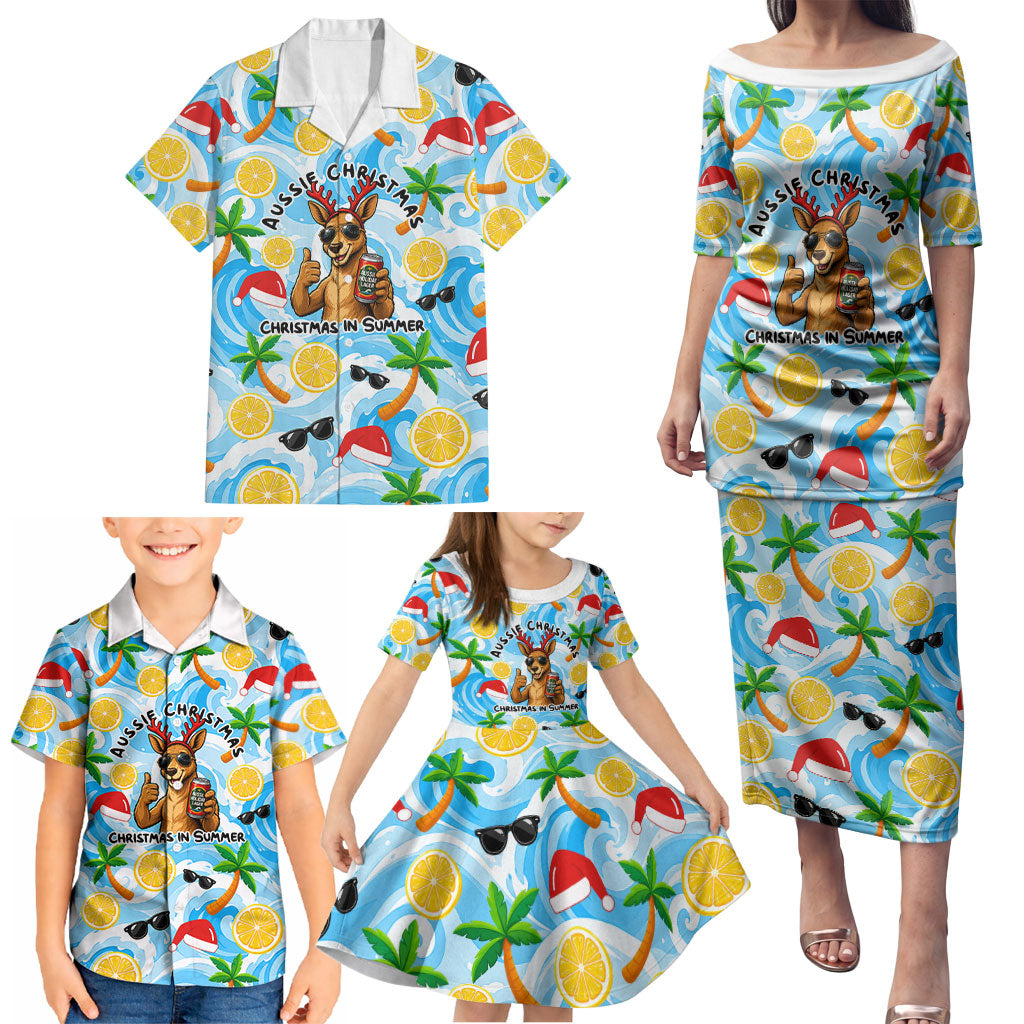 Aussie Christmas In Summer Family Matching Puletasi and Hawaiian Shirt Surfing Santa And Kangaroo - Tropical Cartoon Beach
