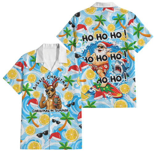 Aussie Christmas In Summer Family Matching Puletasi and Hawaiian Shirt Surfing Santa And Kangaroo - Tropical Cartoon Beach