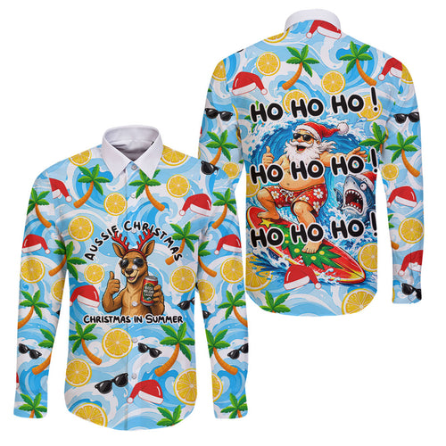 Aussie Christmas In Summer Family Matching Puletasi and Hawaiian Shirt Surfing Santa And Kangaroo - Tropical Cartoon Beach