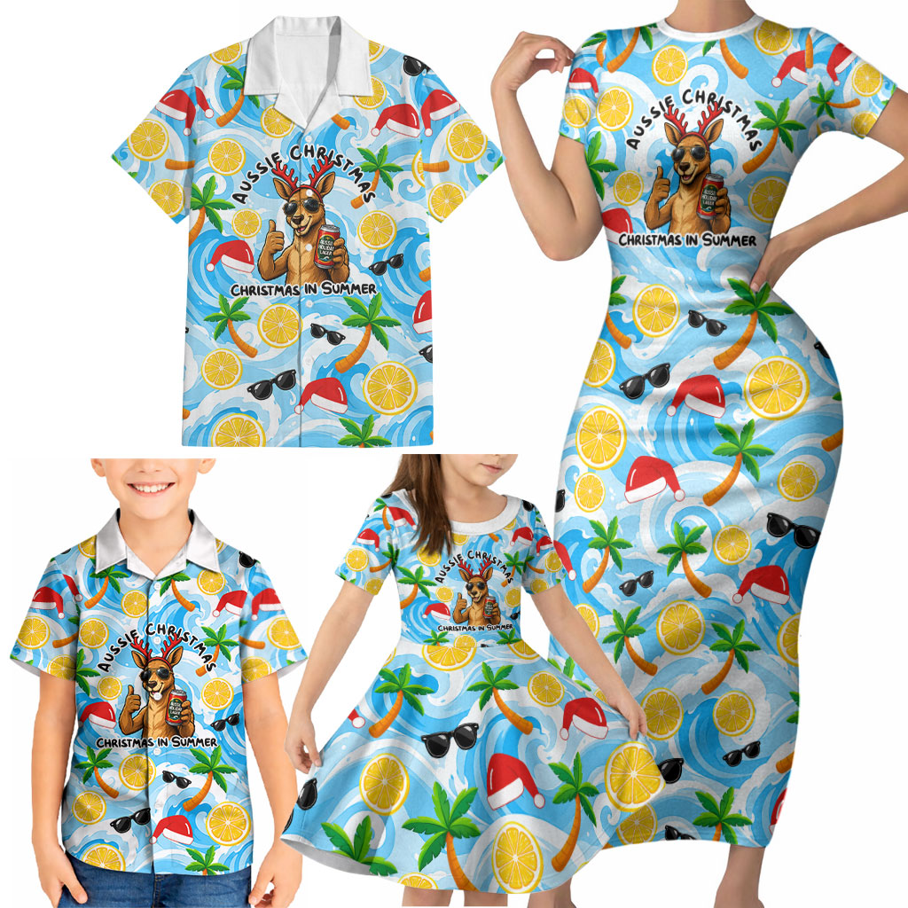 Aussie Christmas In Summer Family Matching Short Sleeve Bodycon Dress and Hawaiian Shirt Surfing Santa And Kangaroo - Tropical Cartoon Beach