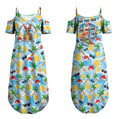 Aussie Christmas In Summer Family Matching Summer Maxi Dress and Hawaiian Shirt Surfing Santa And Kangaroo - Tropical Cartoon Beach