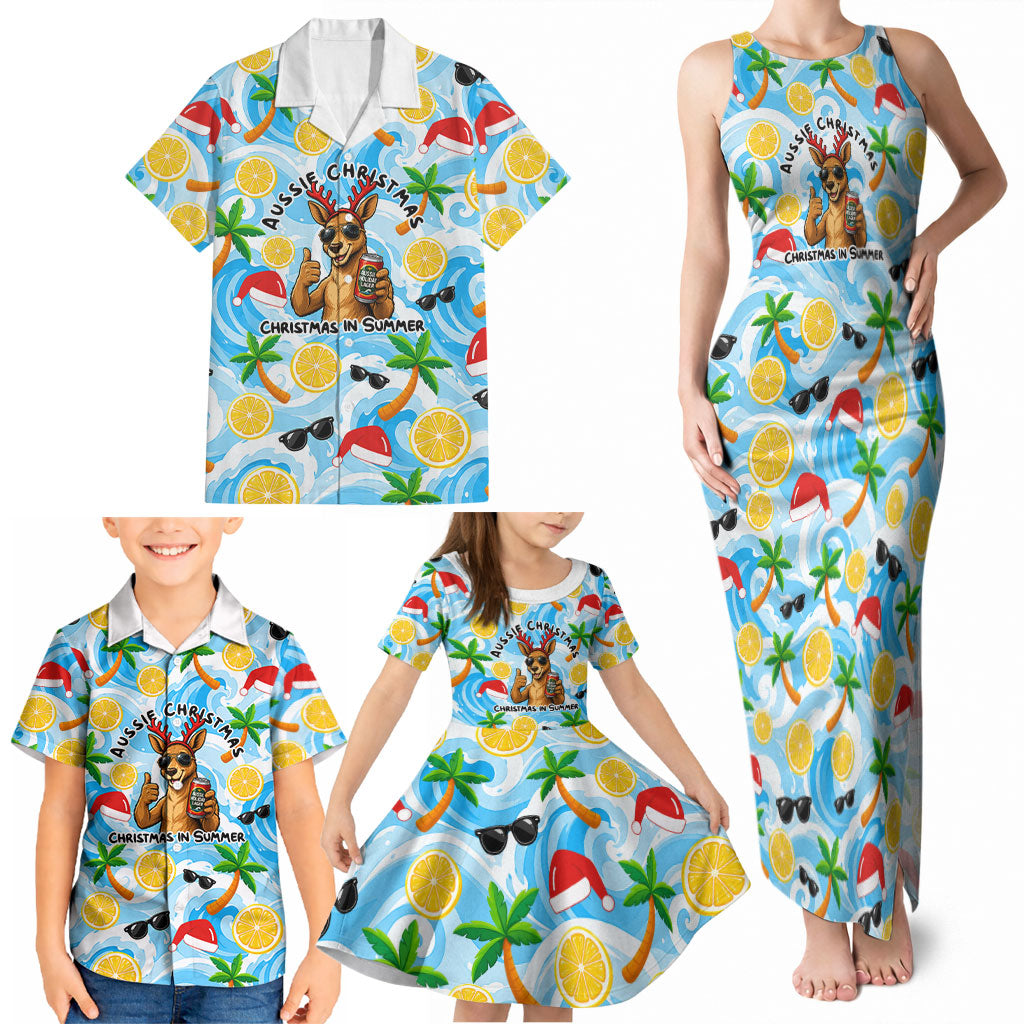 Aussie Christmas In Summer Family Matching Tank Maxi Dress and Hawaiian Shirt Surfing Santa And Kangaroo - Tropical Cartoon Beach
