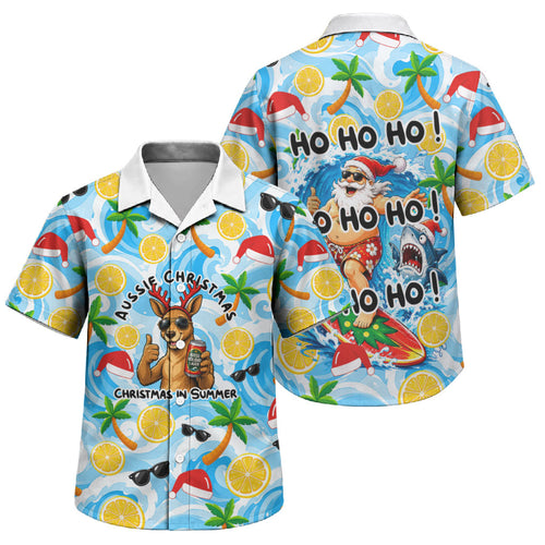 Aussie Christmas In Summer Family Matching Tank Maxi Dress and Hawaiian Shirt Surfing Santa And Kangaroo - Tropical Cartoon Beach
