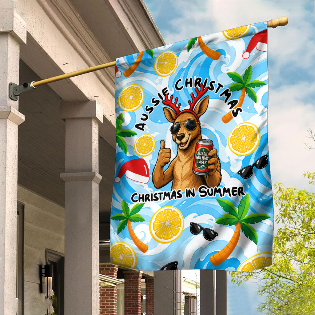 Aussie Christmas In Summer Garden Flag Surfing Santa And Kangaroo - Tropical Cartoon Beach
