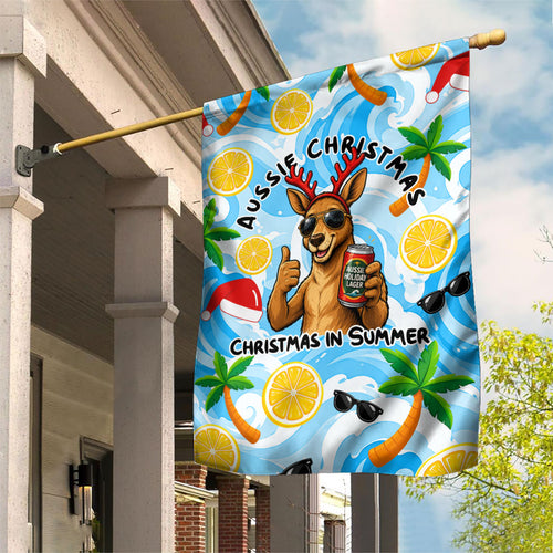 Aussie Christmas In Summer Garden Flag Surfing Santa And Kangaroo - Tropical Cartoon Beach
