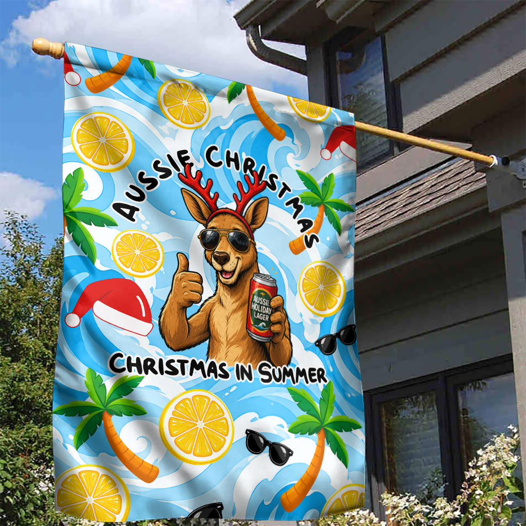 Aussie Christmas In Summer Garden Flag Surfing Santa And Kangaroo - Tropical Cartoon Beach