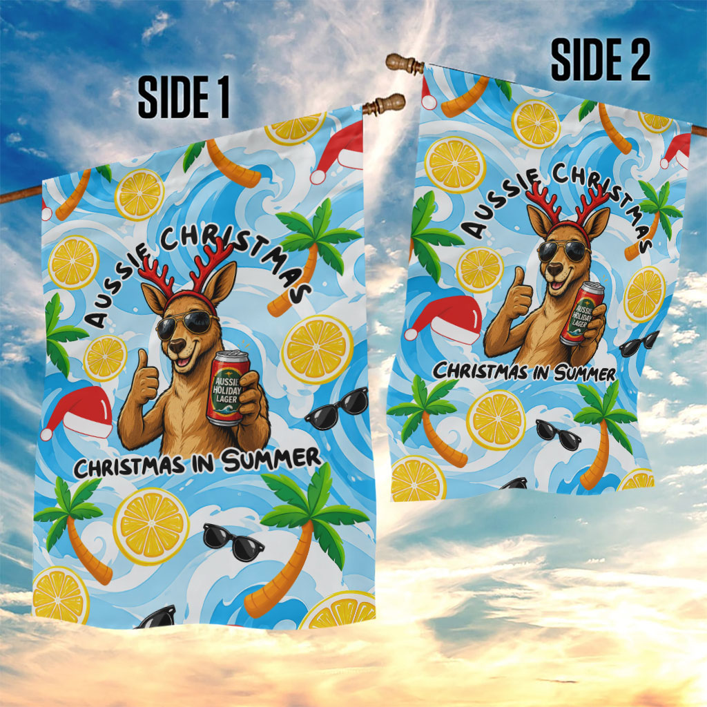 Aussie Christmas In Summer Garden Flag Surfing Santa And Kangaroo - Tropical Cartoon Beach