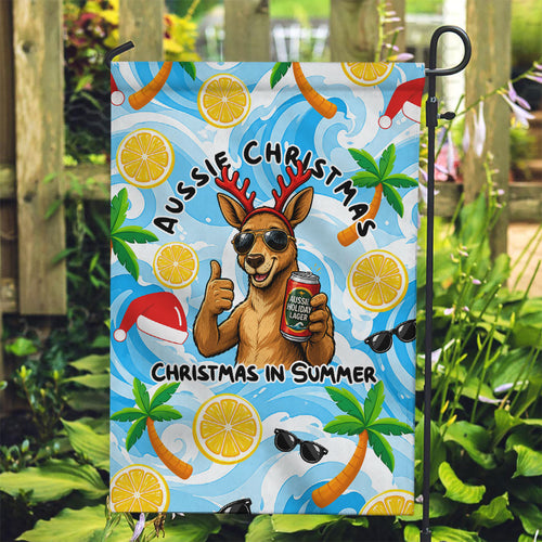 Aussie Christmas In Summer Garden Flag Surfing Santa And Kangaroo - Tropical Cartoon Beach
