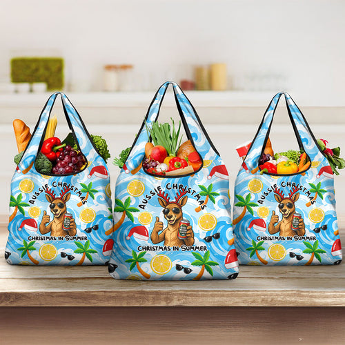 Aussie Christmas In Summer Grocery Bag Surfing Santa And Kangaroo - Tropical Cartoon Beach