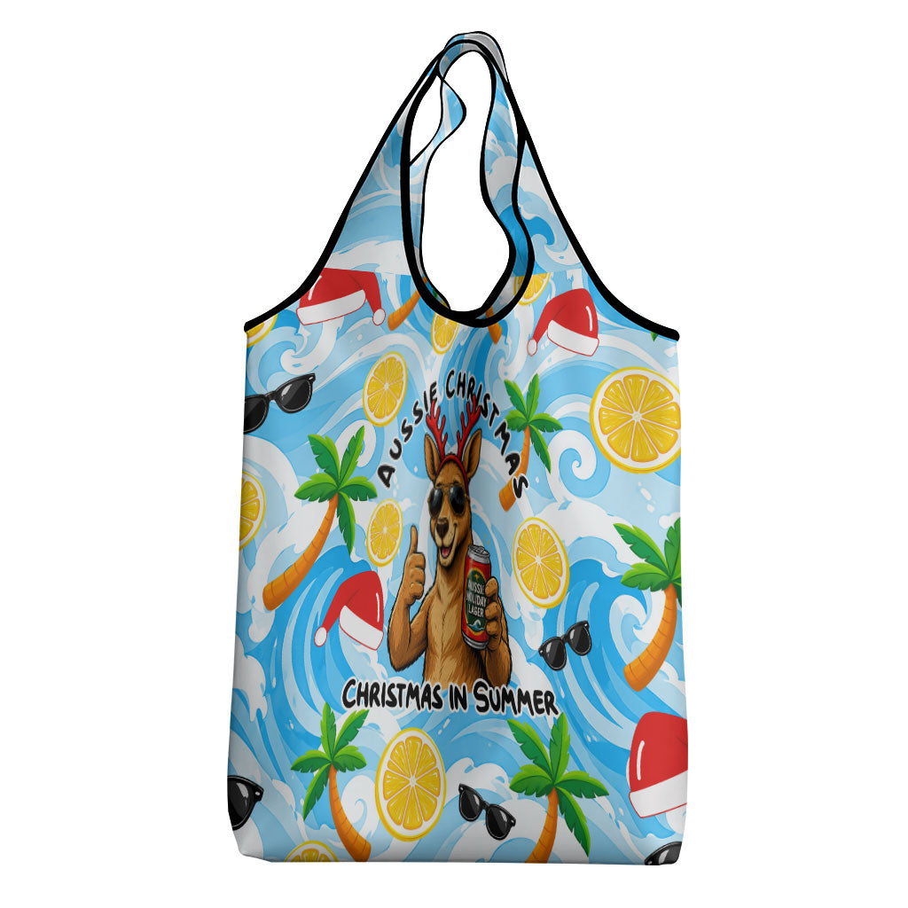 Aussie Christmas In Summer Grocery Bag Surfing Santa And Kangaroo - Tropical Cartoon Beach