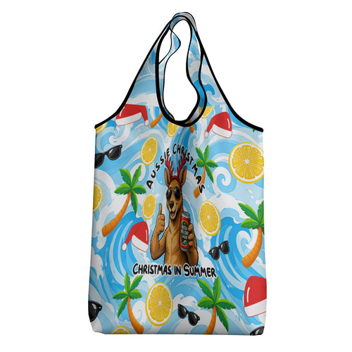 Aussie Christmas In Summer Grocery Bag Surfing Santa And Kangaroo - Tropical Cartoon Beach