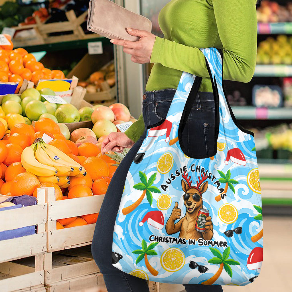 Aussie Christmas In Summer Grocery Bag Surfing Santa And Kangaroo - Tropical Cartoon Beach