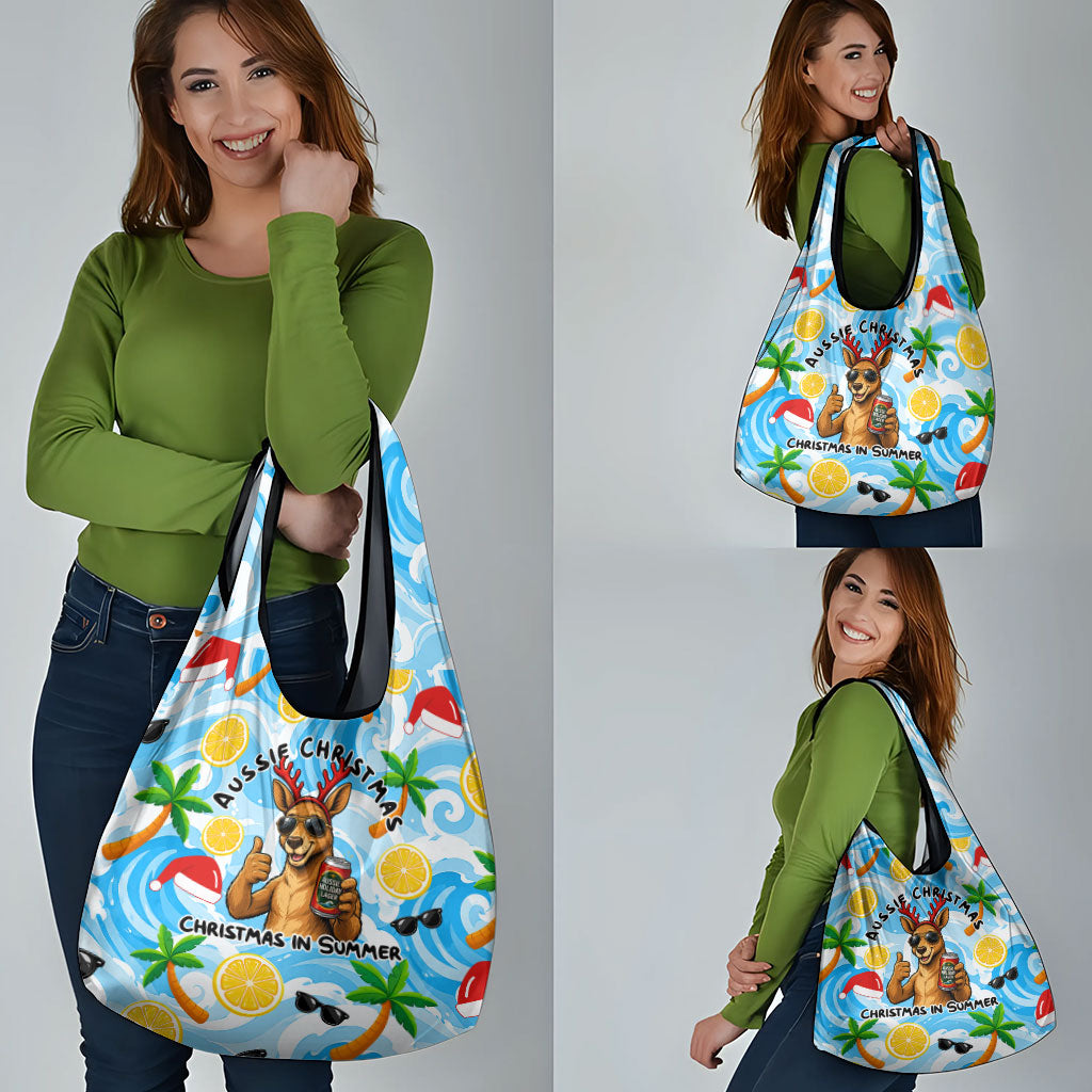 Aussie Christmas In Summer Grocery Bag Surfing Santa And Kangaroo - Tropical Cartoon Beach