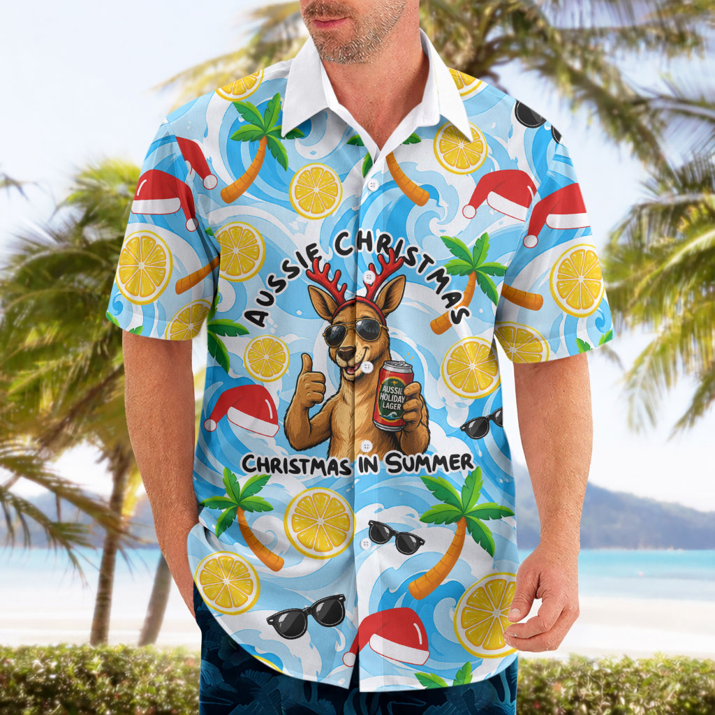 Aussie Christmas In Summer Hawaiian Shirt Surfing Santa And Kangaroo - Tropical Cartoon Beach