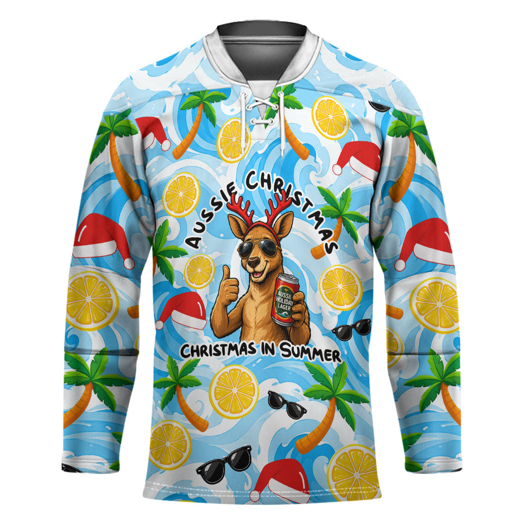 Aussie Christmas In Summer Hockey Jersey Surfing Santa And Kangaroo - Tropical Cartoon Beach