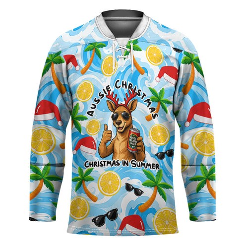 Aussie Christmas In Summer Hockey Jersey Surfing Santa And Kangaroo - Tropical Cartoon Beach