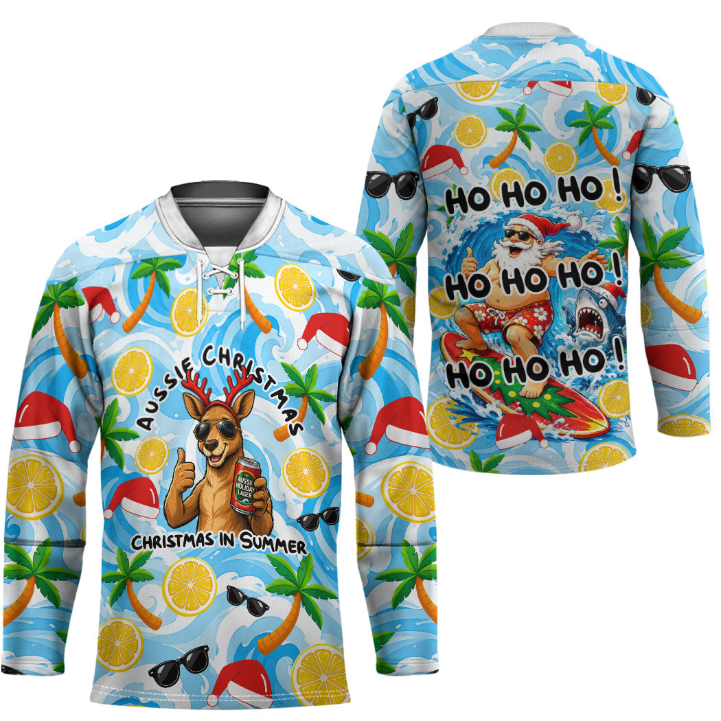 Aussie Christmas In Summer Hockey Jersey Surfing Santa And Kangaroo - Tropical Cartoon Beach