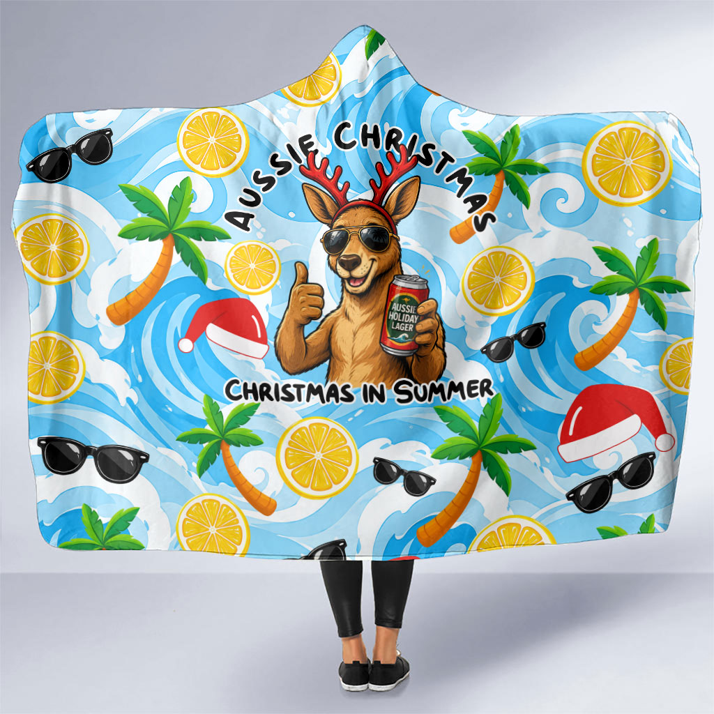 Aussie Christmas In Summer Hooded Blanket Surfing Santa And Kangaroo - Tropical Cartoon Beach