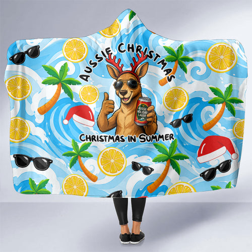 Aussie Christmas In Summer Hooded Blanket Surfing Santa And Kangaroo - Tropical Cartoon Beach