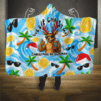 Aussie Christmas In Summer Hooded Blanket Surfing Santa And Kangaroo - Tropical Cartoon Beach