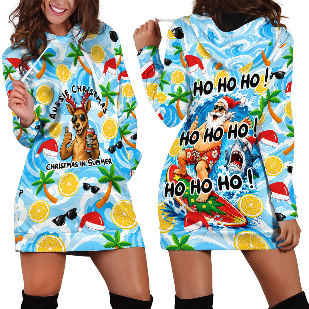 Aussie Christmas In Summer Hoodie Dress Surfing Santa And Kangaroo - Tropical Cartoon Beach