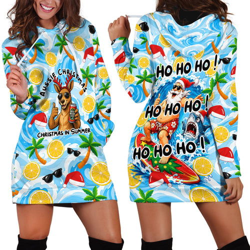 Aussie Christmas In Summer Hoodie Dress Surfing Santa And Kangaroo - Tropical Cartoon Beach