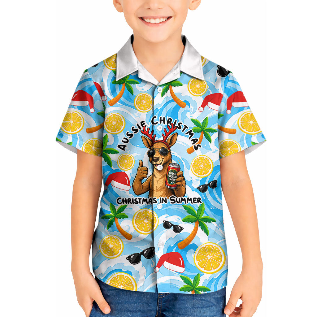 Aussie Christmas In Summer Kid Hawaiian Shirt Surfing Santa And Kangaroo - Tropical Cartoon Beach