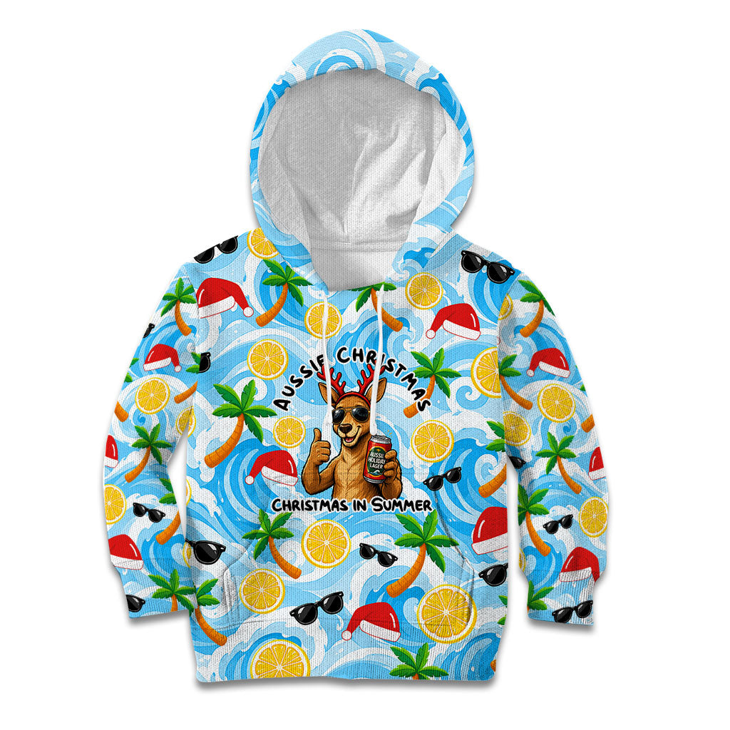 Aussie Christmas In Summer Kid Hoodie Surfing Santa And Kangaroo - Tropical Cartoon Beach