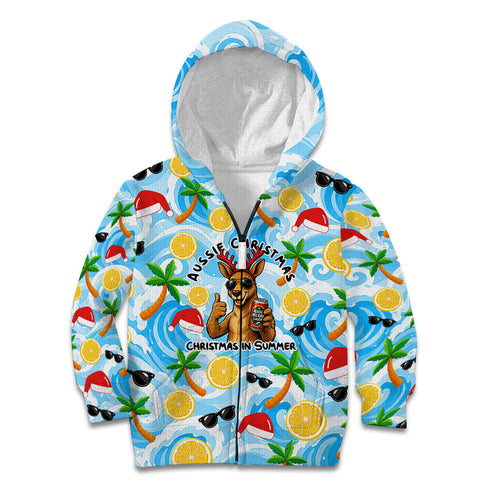 Aussie Christmas In Summer Kid Hoodie Surfing Santa And Kangaroo - Tropical Cartoon Beach
