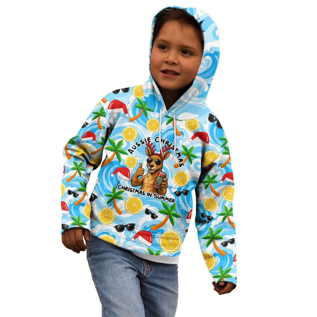 Aussie Christmas In Summer Kid Hoodie Surfing Santa And Kangaroo - Tropical Cartoon Beach