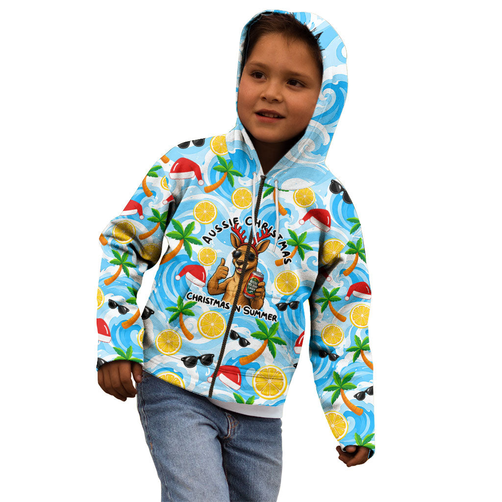 Aussie Christmas In Summer Kid Hoodie Surfing Santa And Kangaroo - Tropical Cartoon Beach