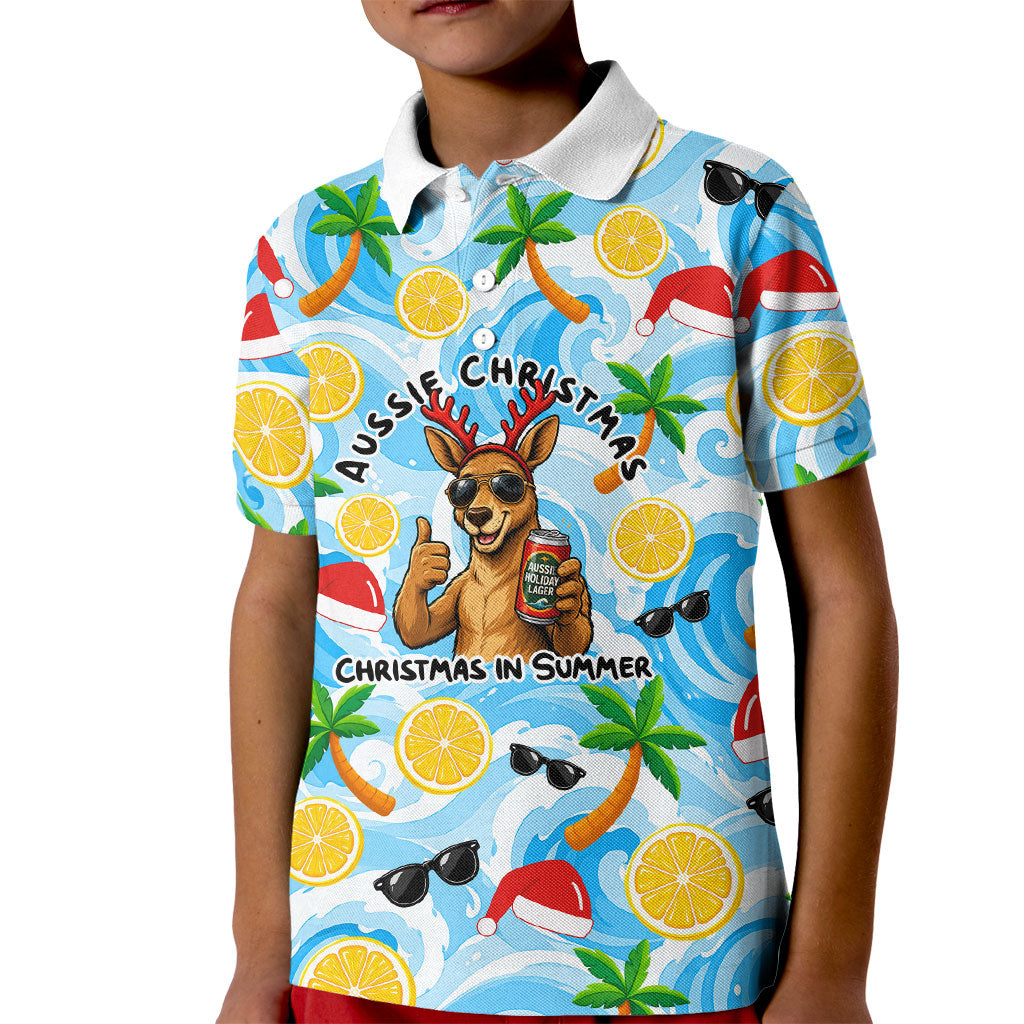 Aussie Christmas In Summer Kid Polo Shirt Surfing Santa And Kangaroo - Tropical Cartoon Beach