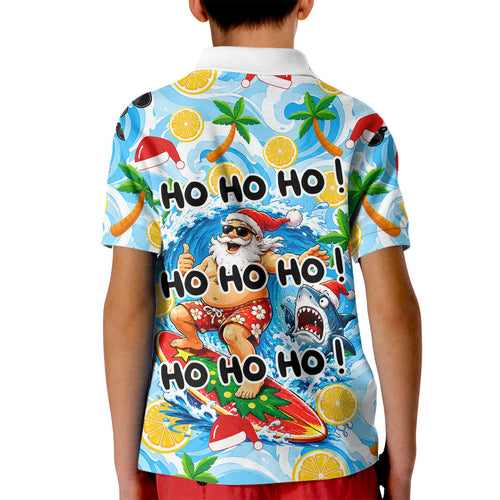 Aussie Christmas In Summer Kid Polo Shirt Surfing Santa And Kangaroo - Tropical Cartoon Beach